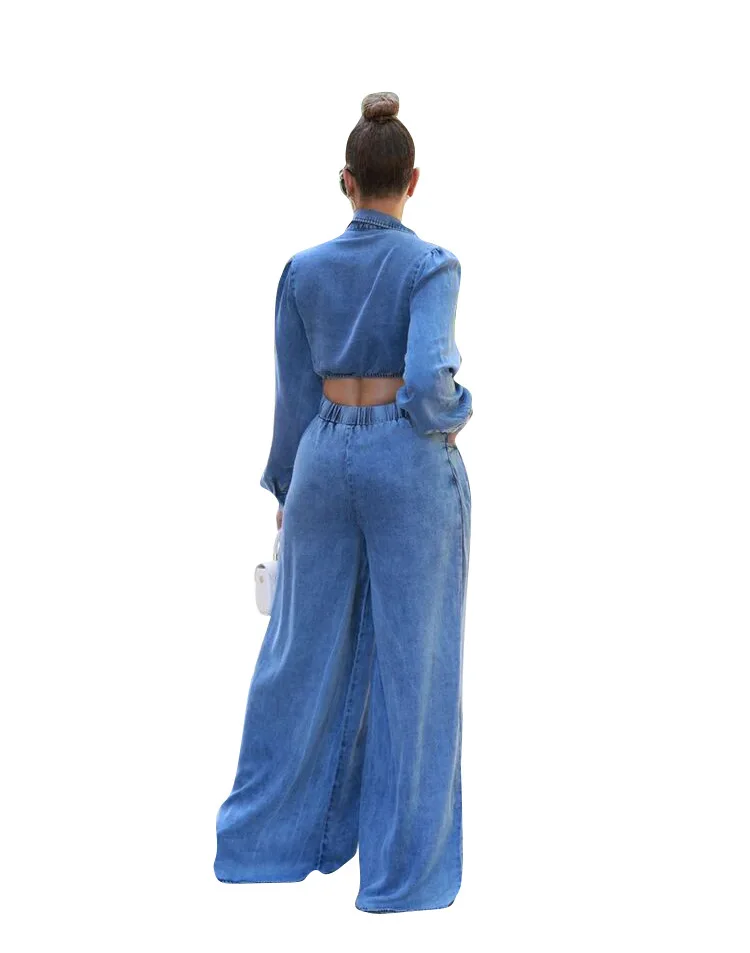 TS1314 Casual Wide Leg Pants Denim Two Piece Set