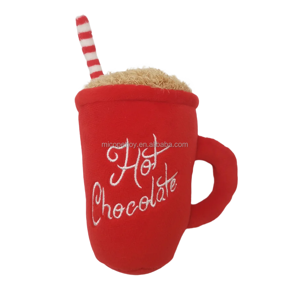 Squeaky Parody Drink Plush Hot Cocoa Chocolate Dog Soft Toy with Mesh Material