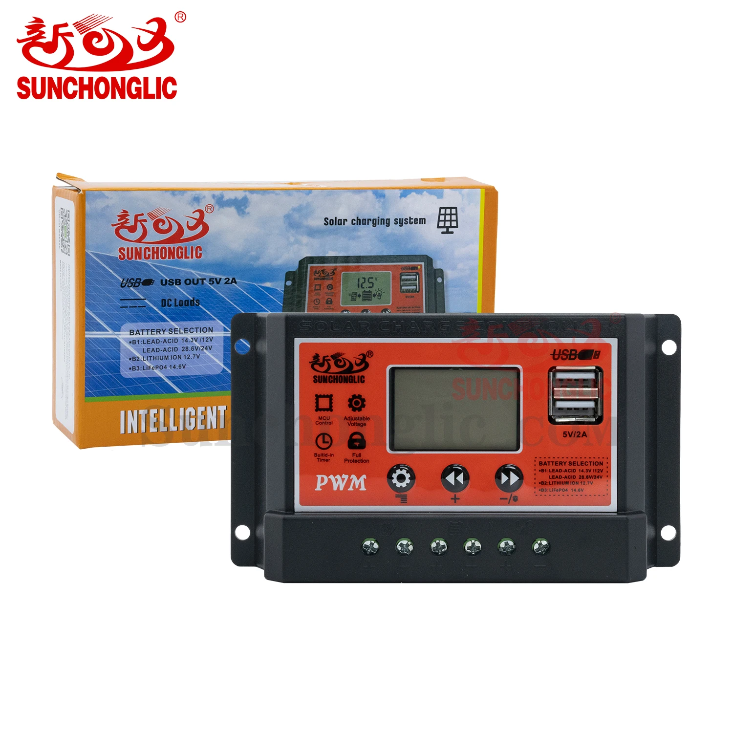 Sunchonglic 12V 24V 30A dual 5V USB mini pwm manual solar charge controller