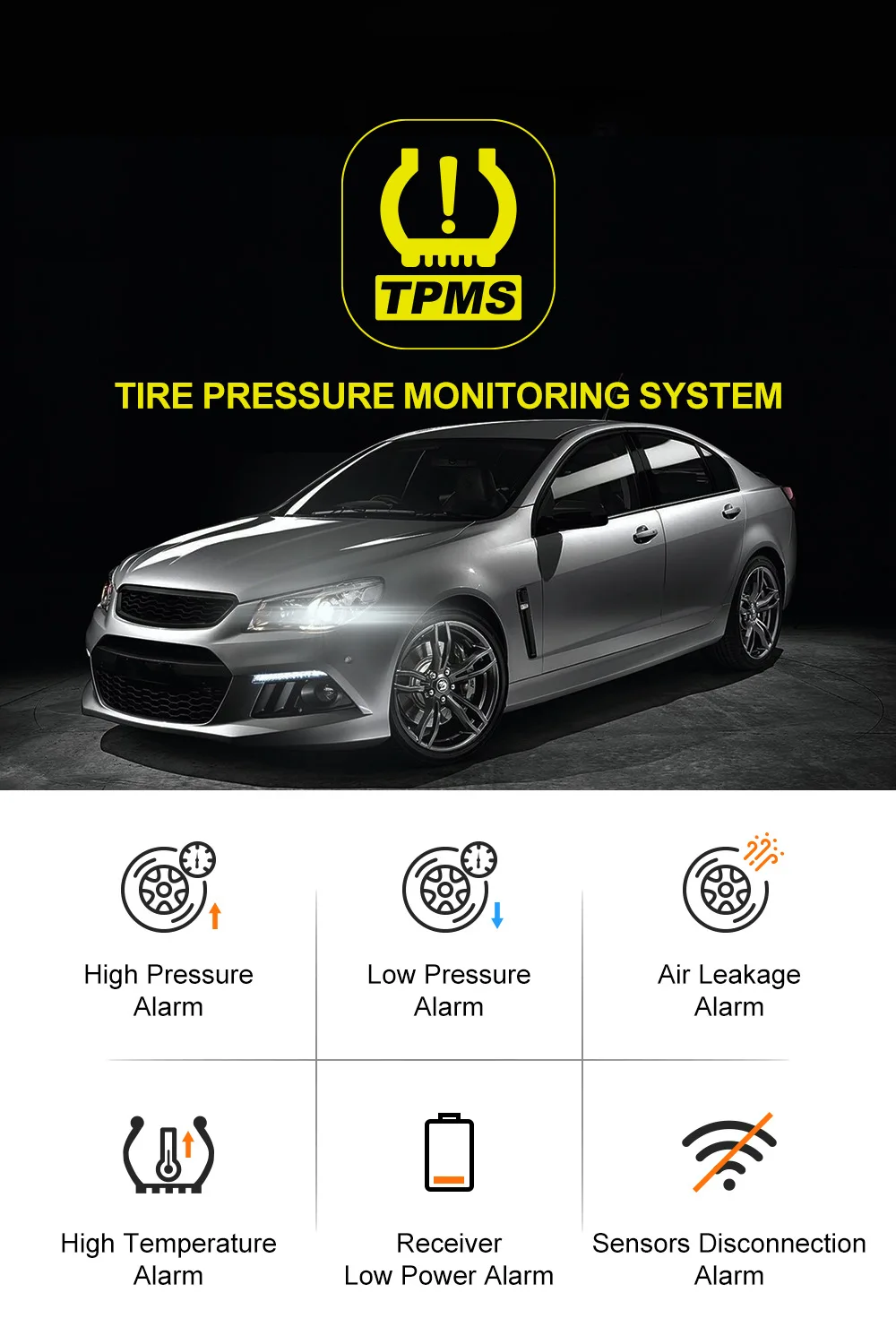 Car TPMS Tire Pressure Monitoring System Solar Charging HD Digital LCD Display Auto Alarms Wireless External Sensors TPMS