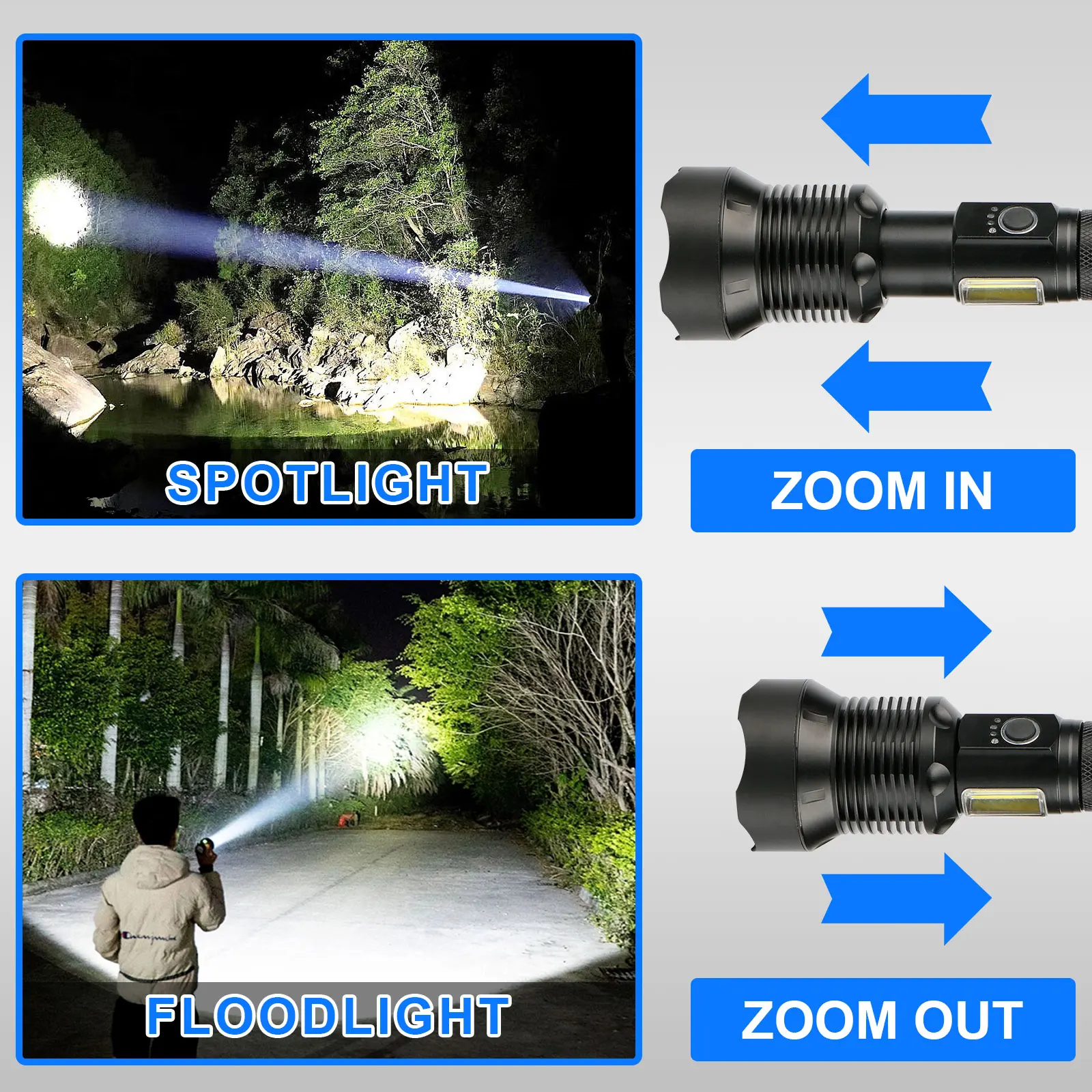 XHP90 LED USB Rechargeable Flashlight High power Waterproof LED USB C Torch Light Zoomable Lamp for camping Side COB Lights
