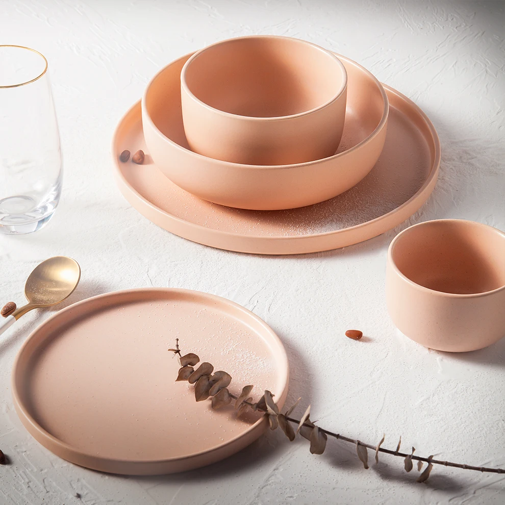 INS Style Custom Logo Porcelain Salad Bowls Home Decor Pink Color Dinnerware For Restaurant  Nordic Ceramic Round Bowl Gift Set