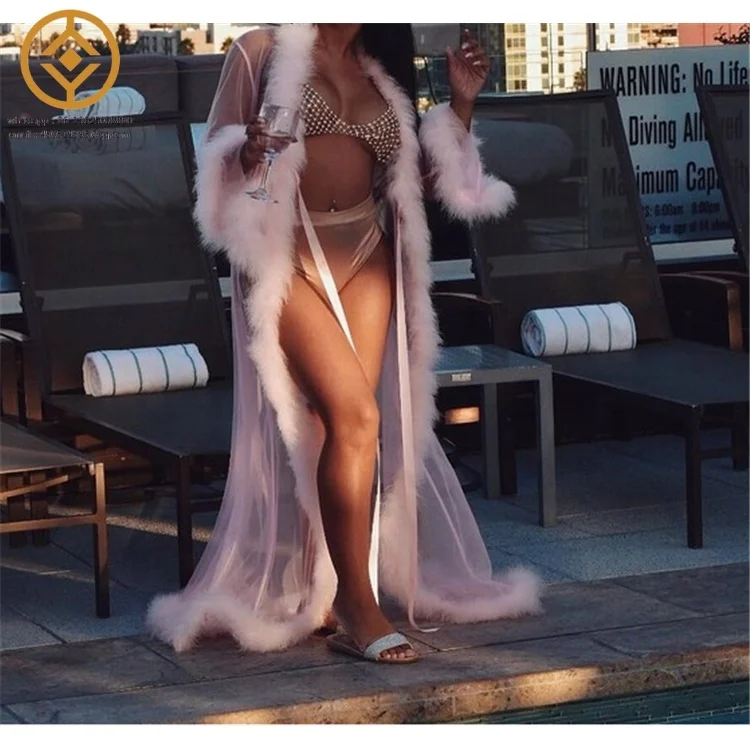 Plus size lingerie Best Seller Solid color Sexy lingerie Furry Bathrobe Long Night Skirt Transparent Mesh Women Fur Lingerie Robes