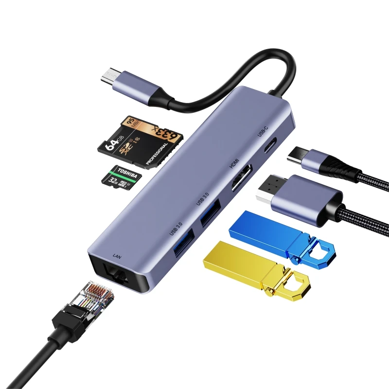 Многопортовый адаптер USB C Hub с HDMI Ethernet 100 Вт PD 3.0 Splitter Type Док-станция для iPad Pro
