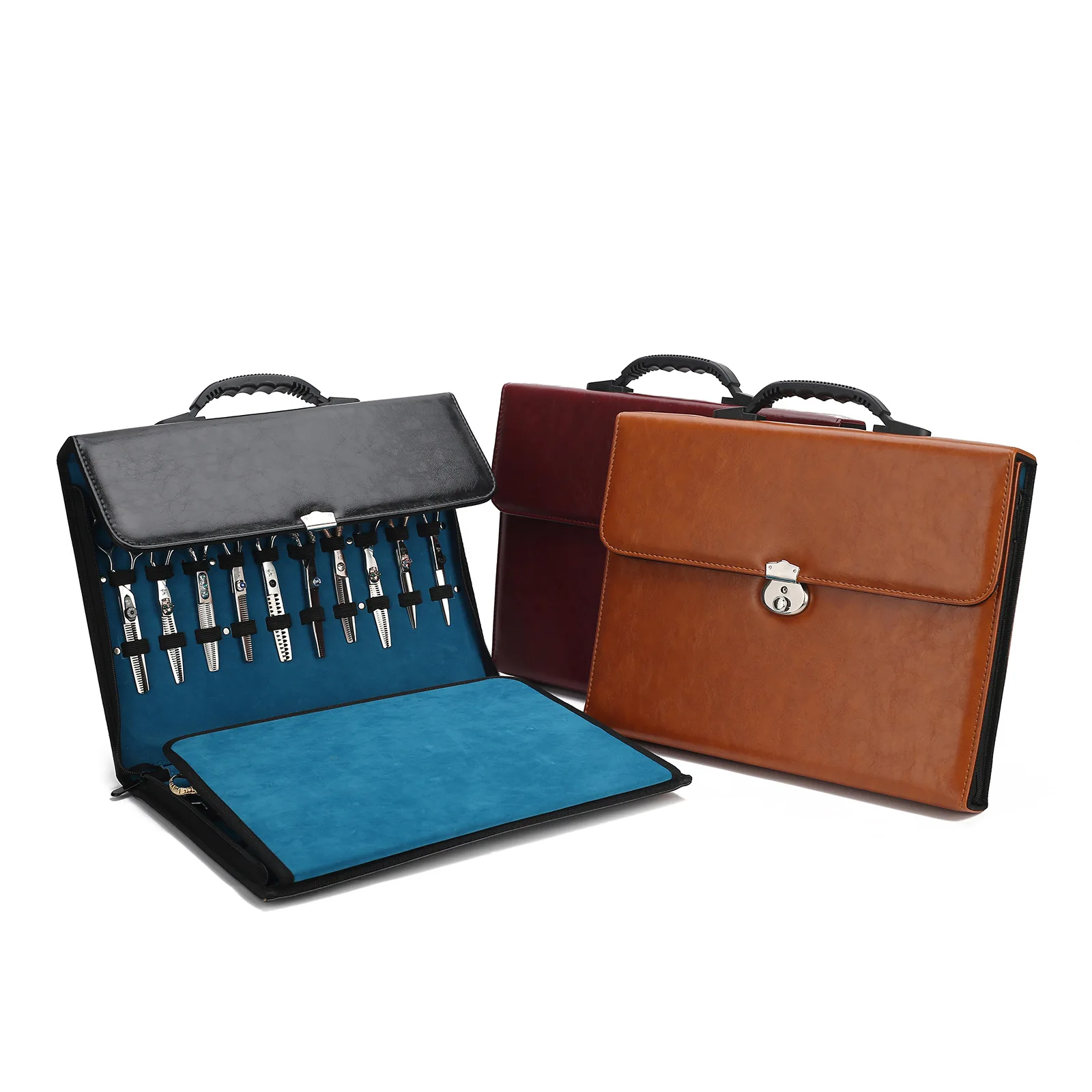 Low Moq Ultra-large Capacity Hair Scissor Holder Foldable PU Leather Cases Hairdresser Tool Bag with 30 Pockets for Salon Shears
