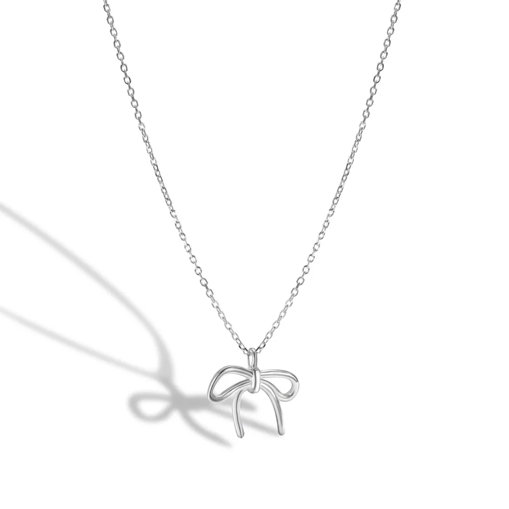 Dylam Trending Design Women Fashion Fine Jewelry S925 Silver Rhodium Plated Link Chain Geometric Bow-knot Pendant Necklace