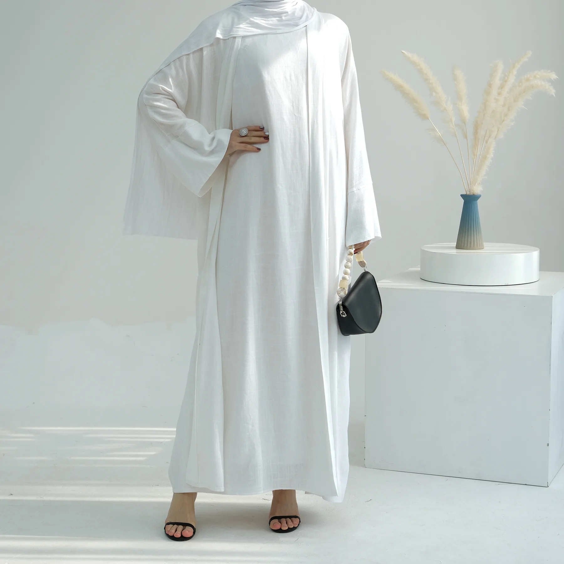 2024 оптовая продажа туника из индейки EID Ramadan Dubai скромная абайя комплект двух предметов простое женское мусульманское платье льна