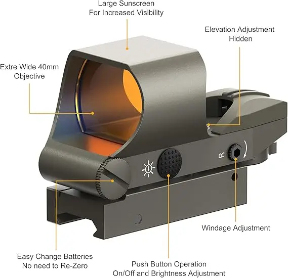 Reflex Sight, Multiple Reticle System Red Dot Sight with Picatinny Mount, Absolute Co-Witness
