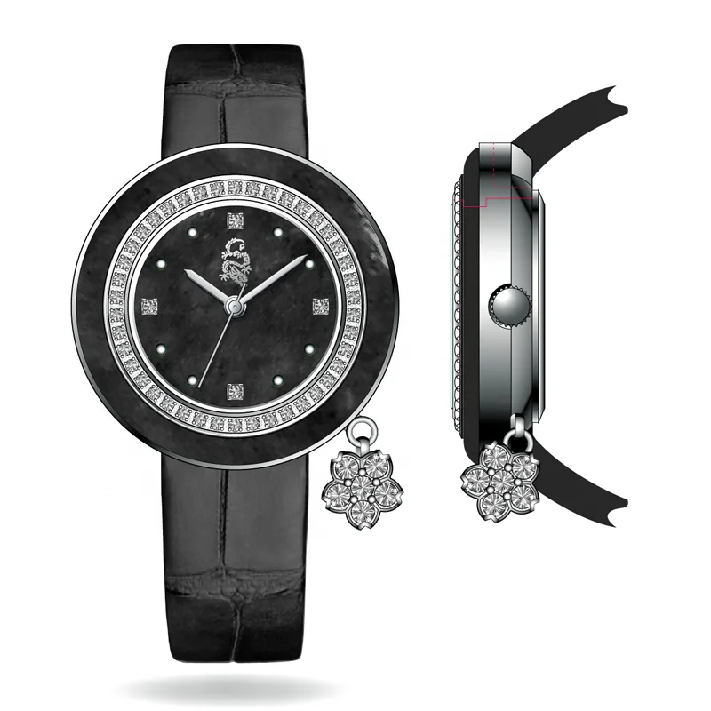 High quality stainless steel mother of pearl leather strap stone watch women custom logo