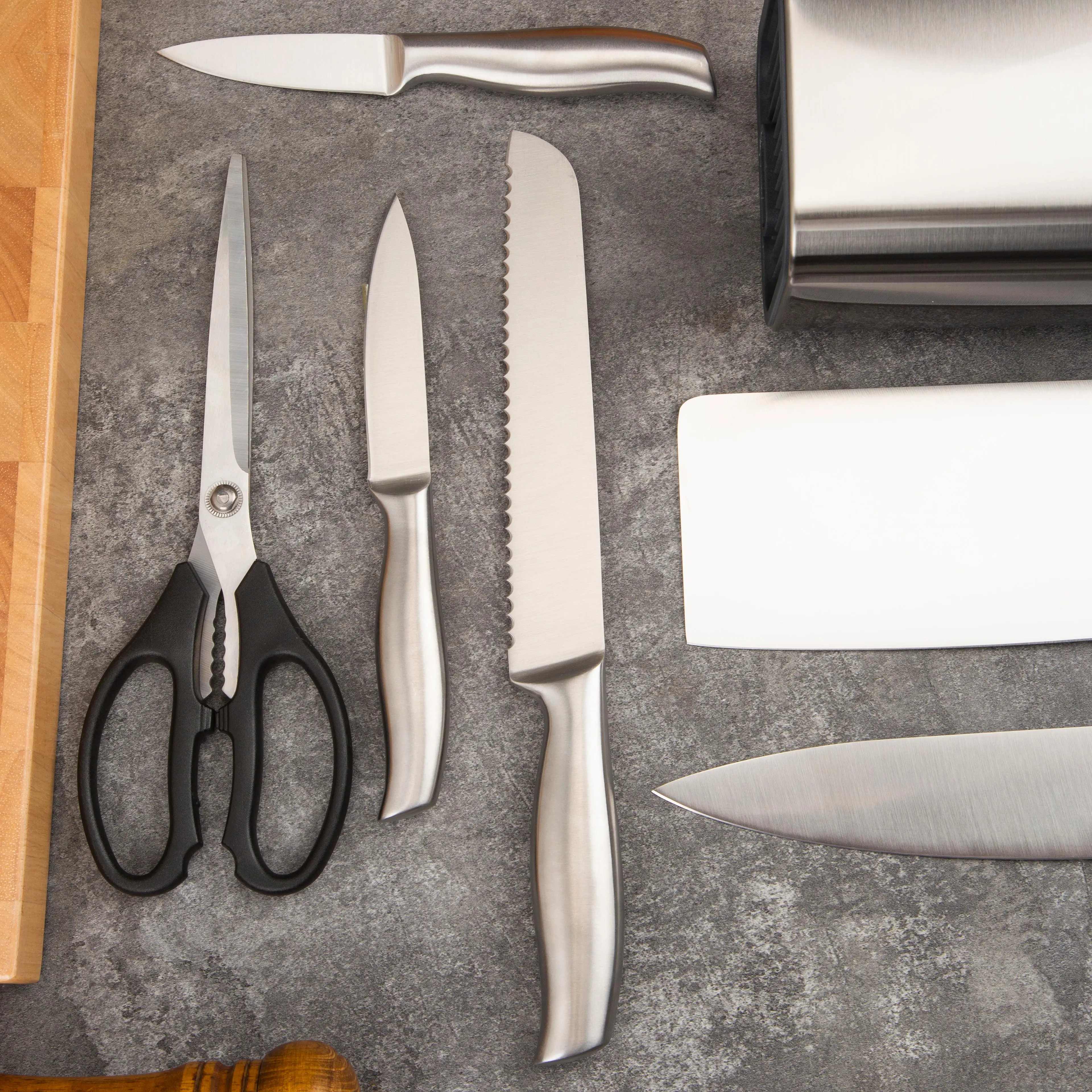 Custom Logo Stainless-Steel Rectangular Design Knife Block Set Scissors-Slot Counter-top Storage Universal Kitchen Knife Holder