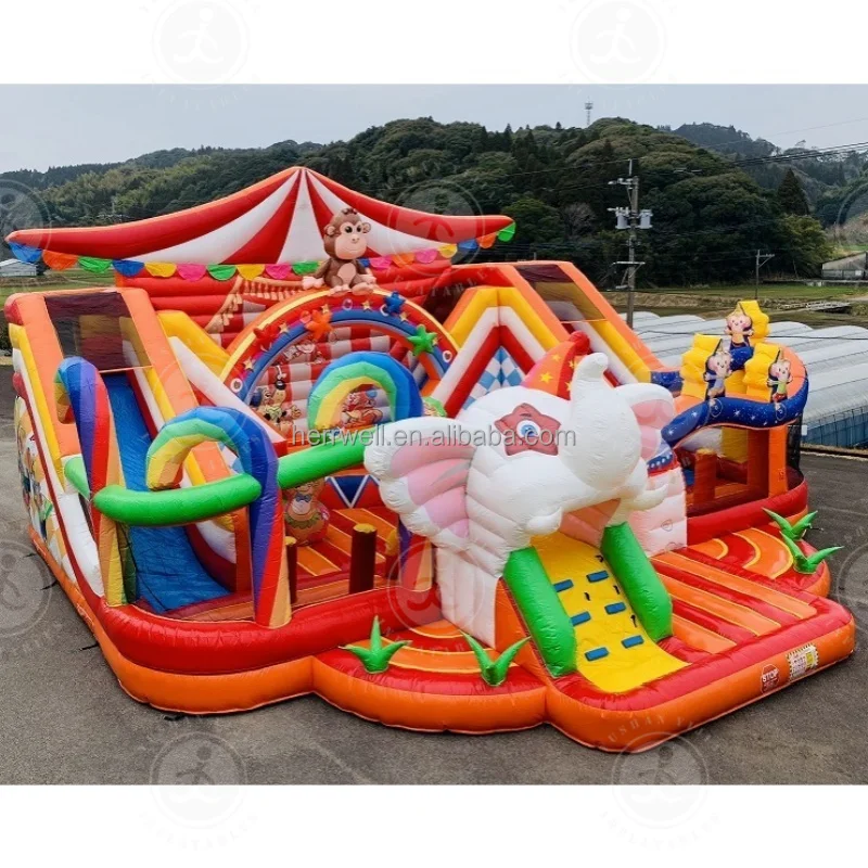 Kids Outdoor Huge Inflatable Circus Playground Interactive Inflatable Amusement Park With Bouncer and Slide For Kids and Adults
