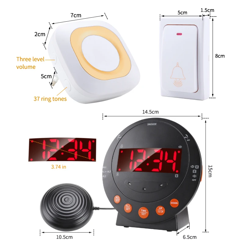 Deaf hearing impaired with bed shaker doorbell reminder vibrating ring alarm clock for hotel nightstand