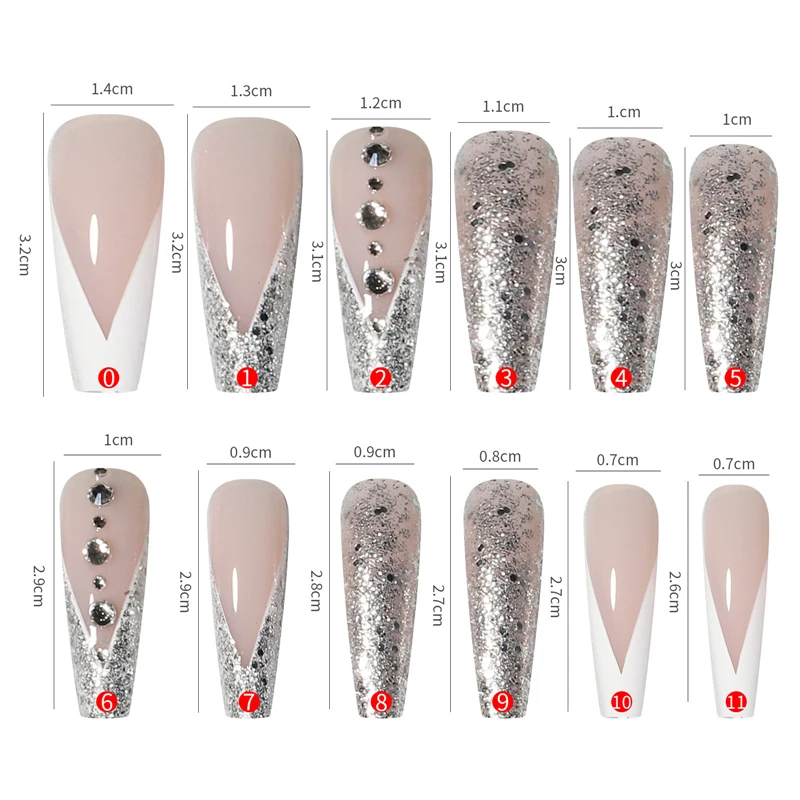 2022 New Full Cover 24 pieces French ballet artificial nail with rhinestone finger nails artificial fingernails design nail tips