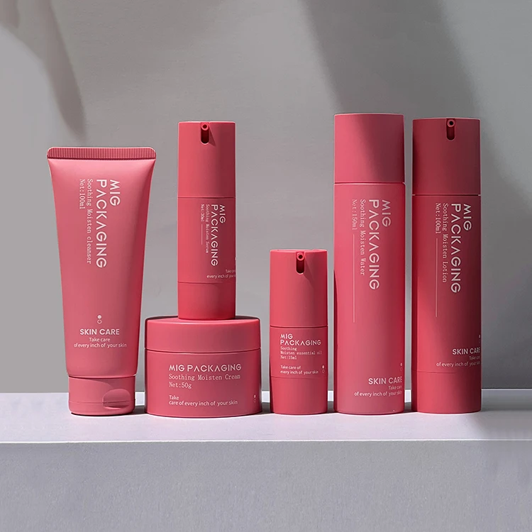 Luxury Red Plastic Glass Skin Care Set Customized 50g Cream Jar 100ml 200ml Lotion Bottle 50ml Dropper Bottle Cosmetic Set