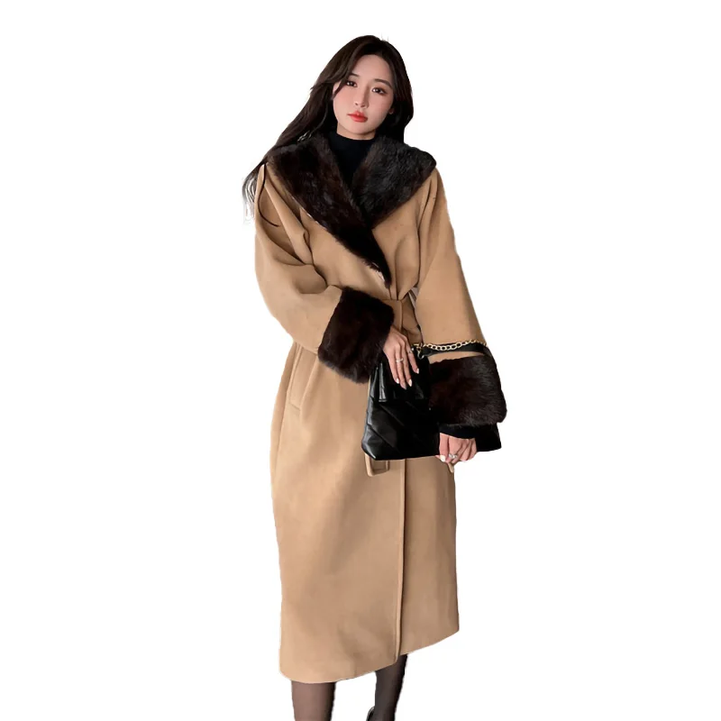Elegant Winter Mink Fur Collar Cuffs Alpaca Coat Double Sides Long Wool Cashmere Coats Women with Belt