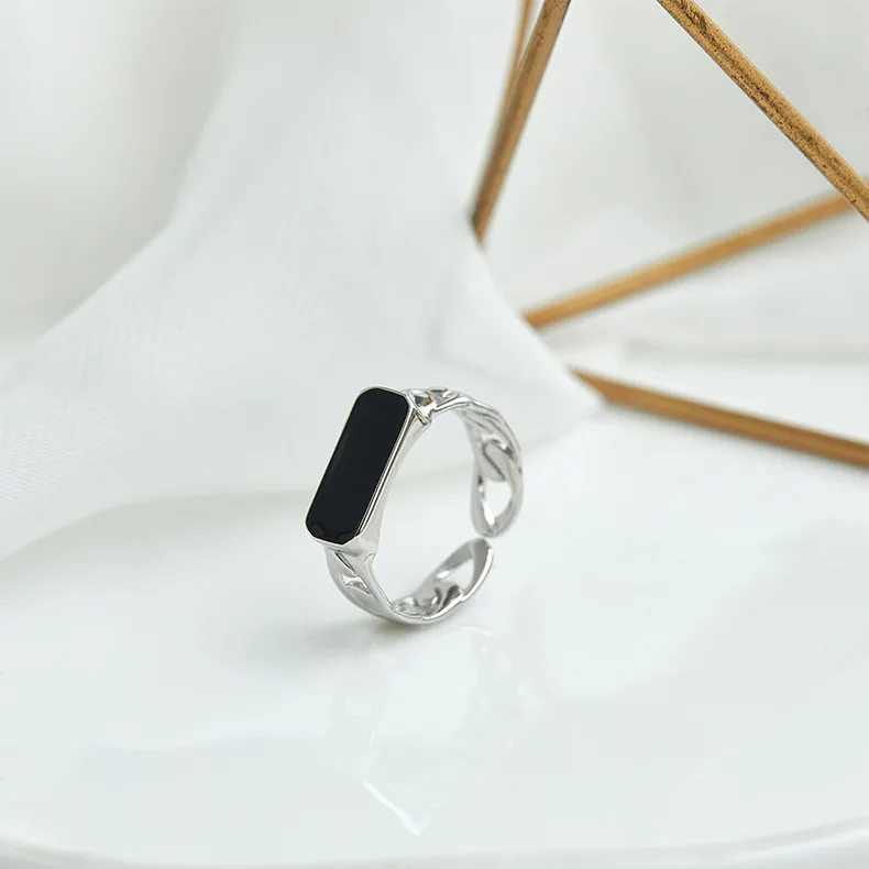 2024 Fashion Black Enamel Chunky Chain Ring Signet 925 Sterling Silver Ring Rectangle Statement Stamp Ring For Women