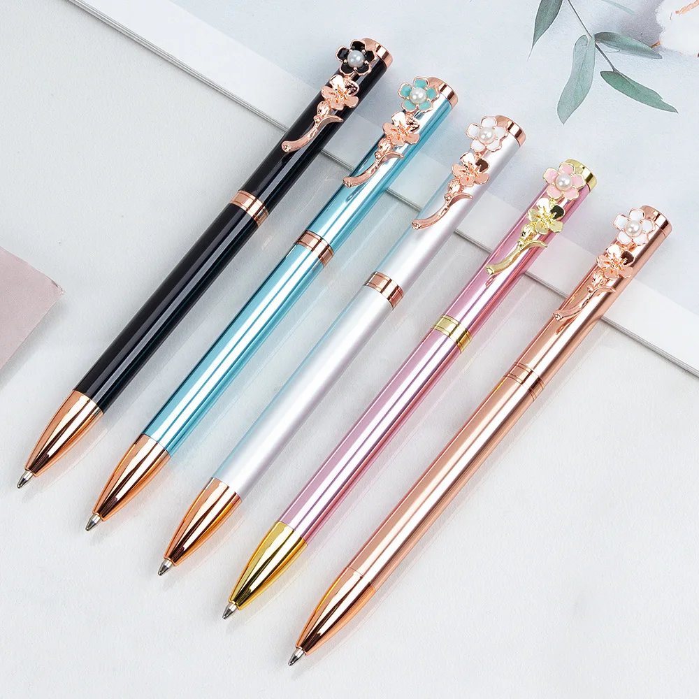 INS creative Pearl peach blossom pen Korean edition students lovely pink cherry blossom rose gold metal pen