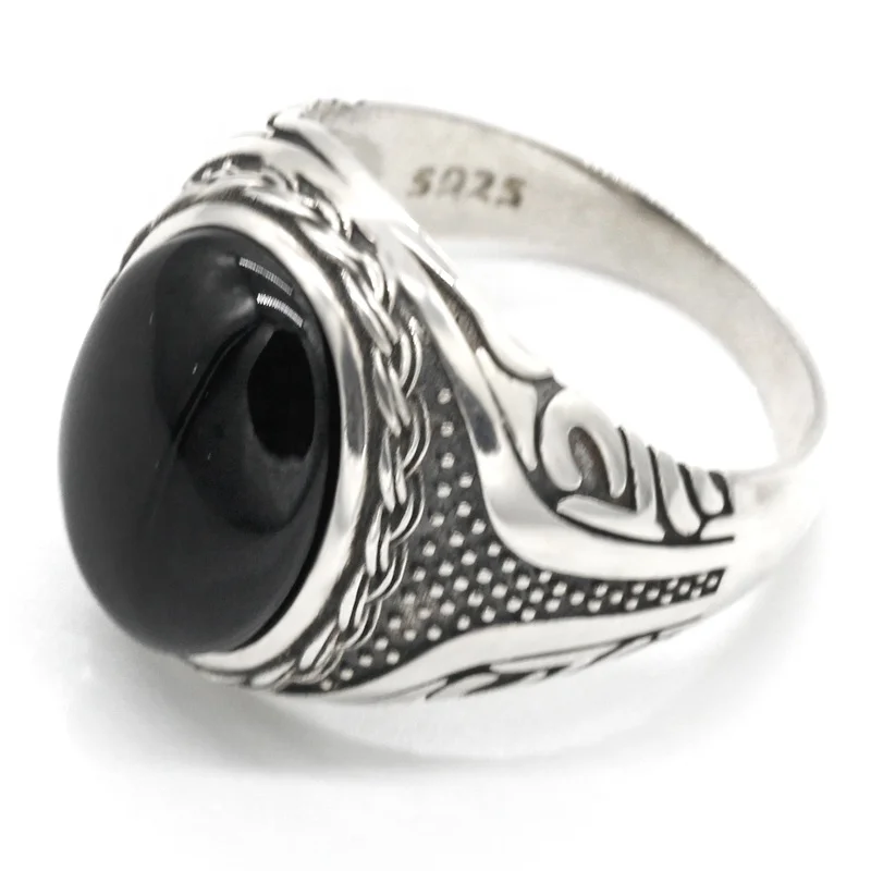 Arabic S925 Sterling Silver Men Ring with Black Agate Stone for Man Rings Jewelry
