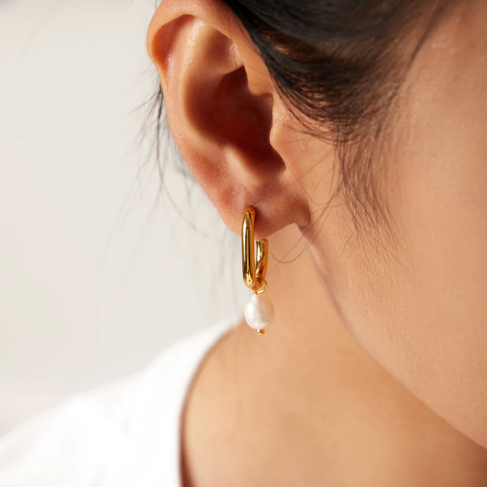 Fashion Boho Freshwater Pearl Drop Earrings Wedding Jewelry Stainless Steel 18K Gold White Pearl Hoop Earring
