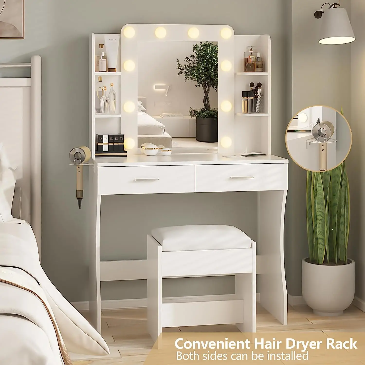 White Drawer Bulb Stool Vanity Rotate Bedroom Furniture Dresser Custom Dressing Table Mirror Makeup With Led Lamp And Chair