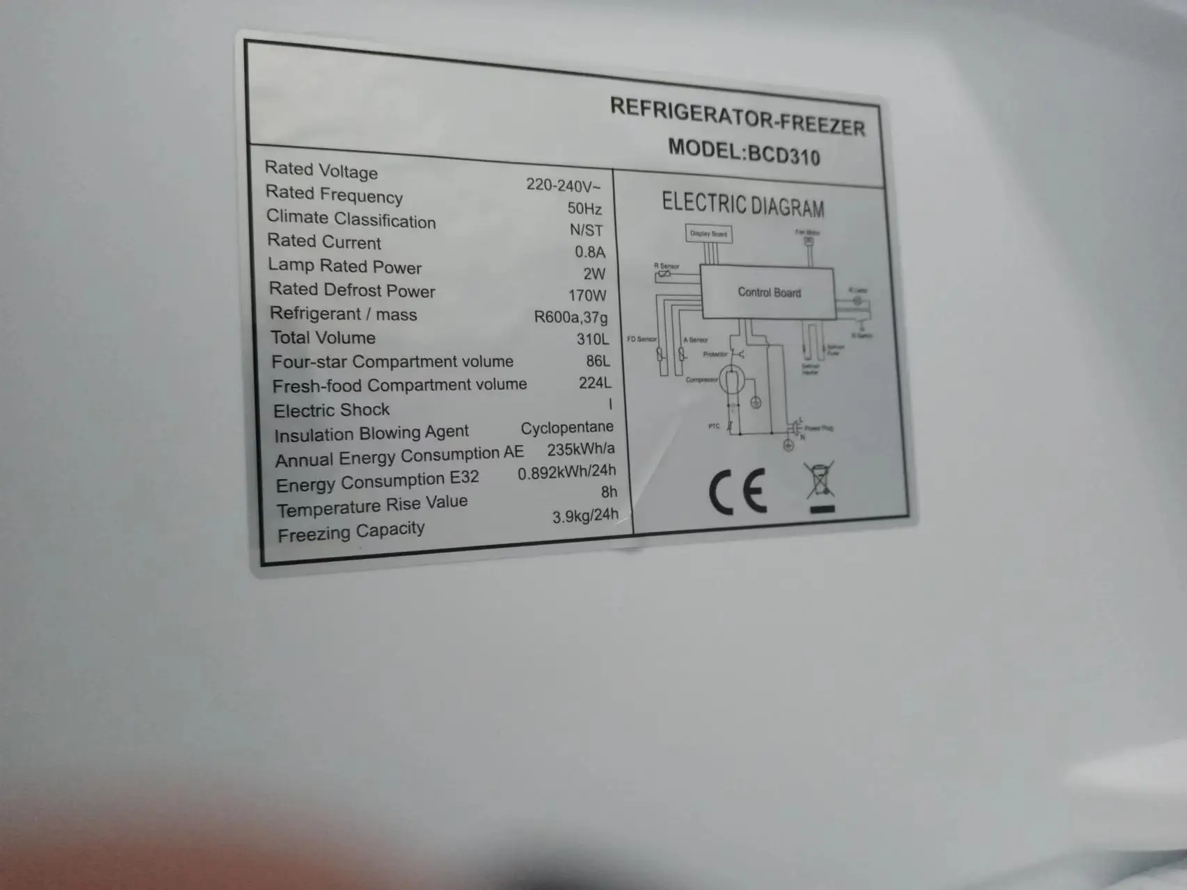 310L Freestanding refrigerator Fridge 224L, Freezer 86L,Silver