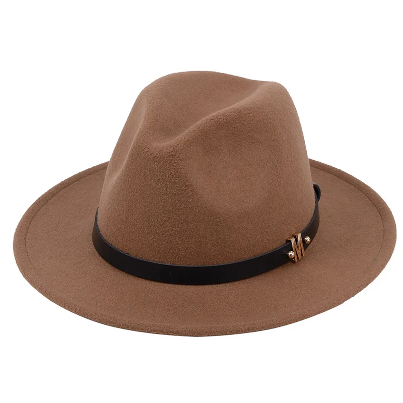 
 Women Wide Brim M letter Wool Felt Jazz Fedora Hats British style Trilby Party Formal Panama Cap Solid color Dress Hat  