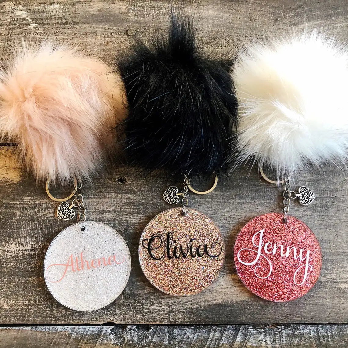 Personalized Pom Pom Glitter Acrylic Custom Keychain Gift for Her Boujee Keychain