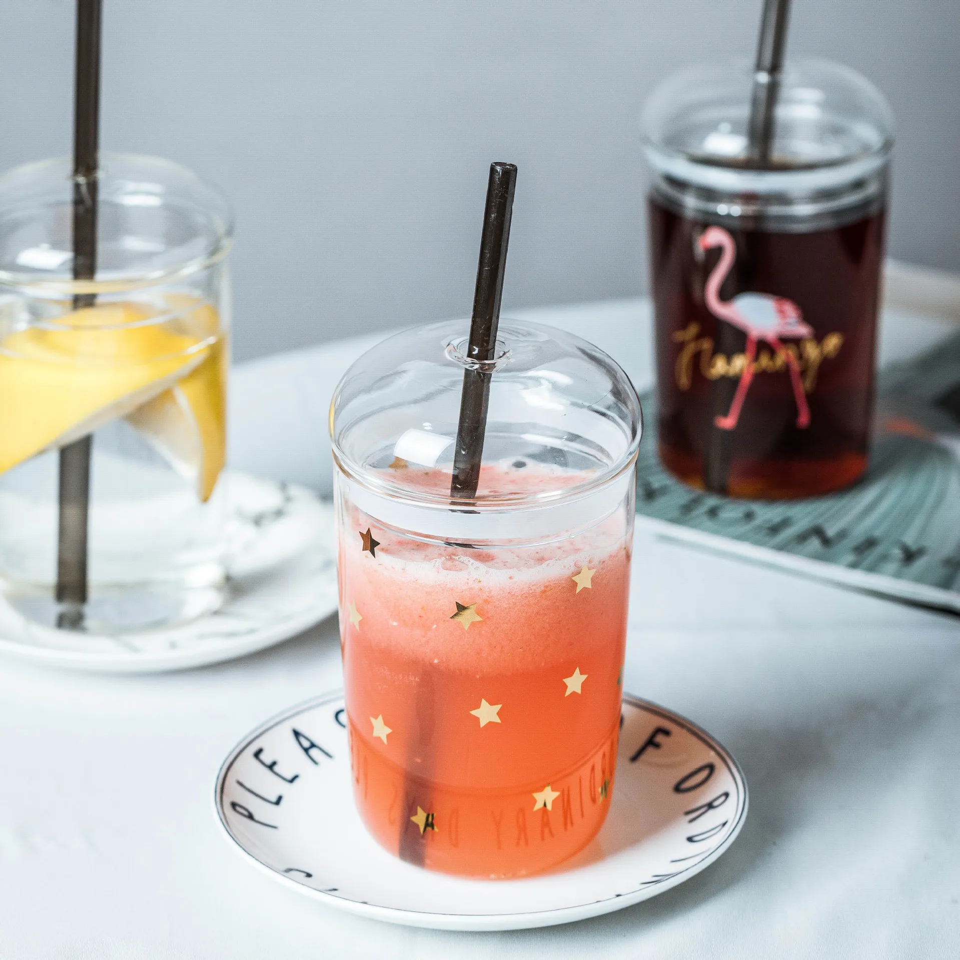 16oz High Borosilicate clear Glass can Cup with glass lids Transparent Coffee Cola Milk Breakfast Glass Juice  Mug with straws