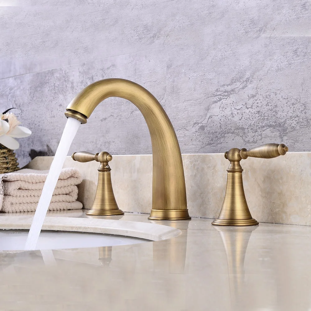 Classic European style brass antique deck-mounted 3-hole bathroom sink faucet retro dual handle basin mixer water tap XR161