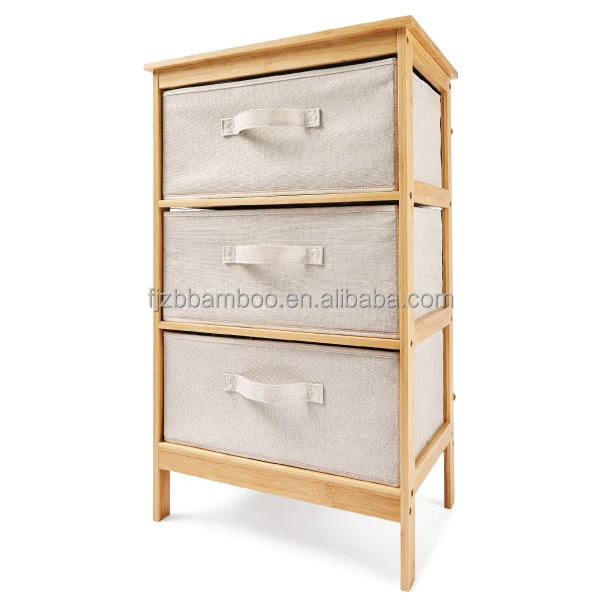 Bamboo rack with Storage Chest of Drawers with 3 Removable Fabric Bins for Closet