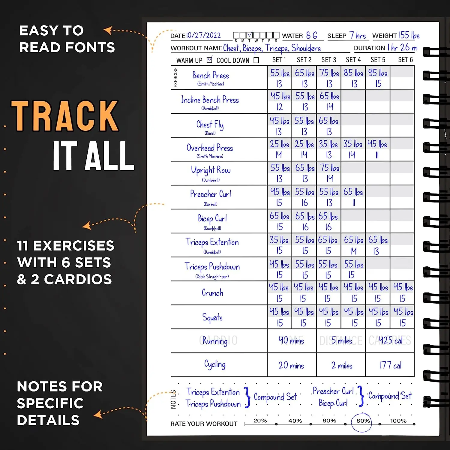 Custom Logo Tracking Gym Home Workout Spiral Notebook Elastic Men Women A5 Black Goal Planner Journal
