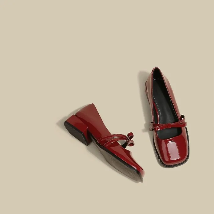 Handmade Women Mary Jane Shoes Patent Leather Low Heels Dress Shoes Square Toe Shallow Buckle Strap Girls Shoes