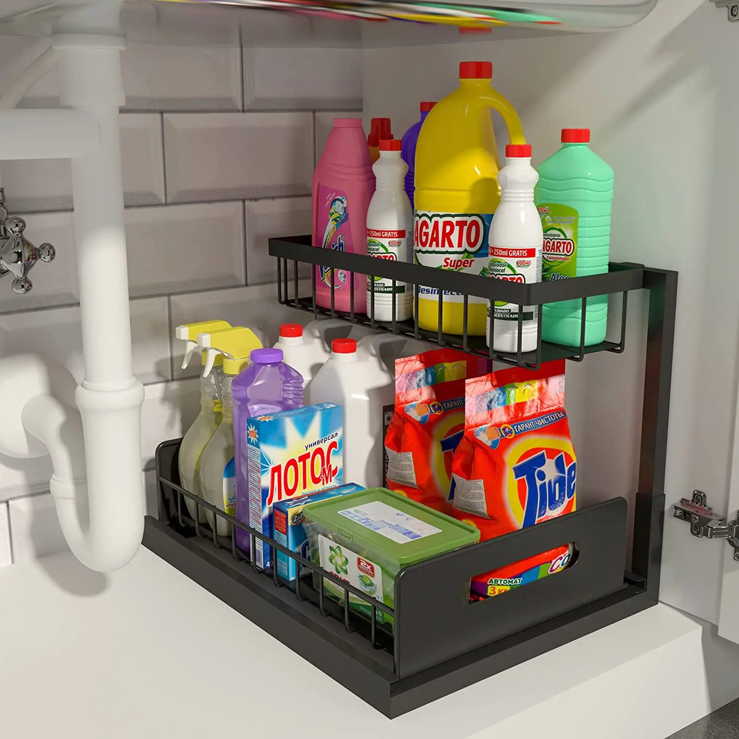 Kitchen and Bathroom Organization Plastic Home Storage Shelf Rack 2-Tier Under the Sink Organizer with Basket