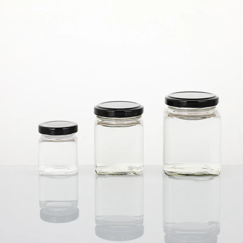 Glass Mason Jar 50ml 80ml 150ml 200ml 280ml 500ml square glass Jars with Black metal Lids For Storage Food Honey