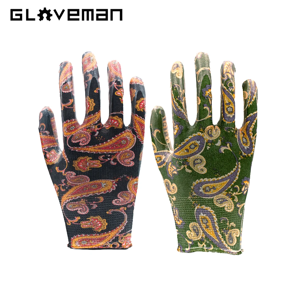 GLOVEMAN women ladies garden cute Printing anti slip planting flower safety work knitted dipped nitrile coated gardening gloves