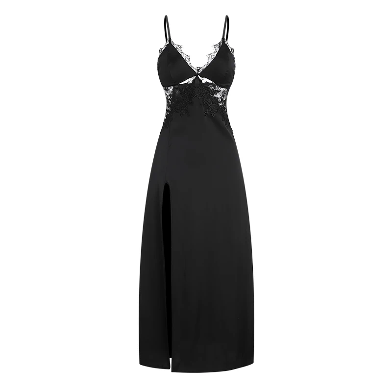 New fashion sleepwear women high split patchwork lace  sleep dress ladies silk nightgown J3332