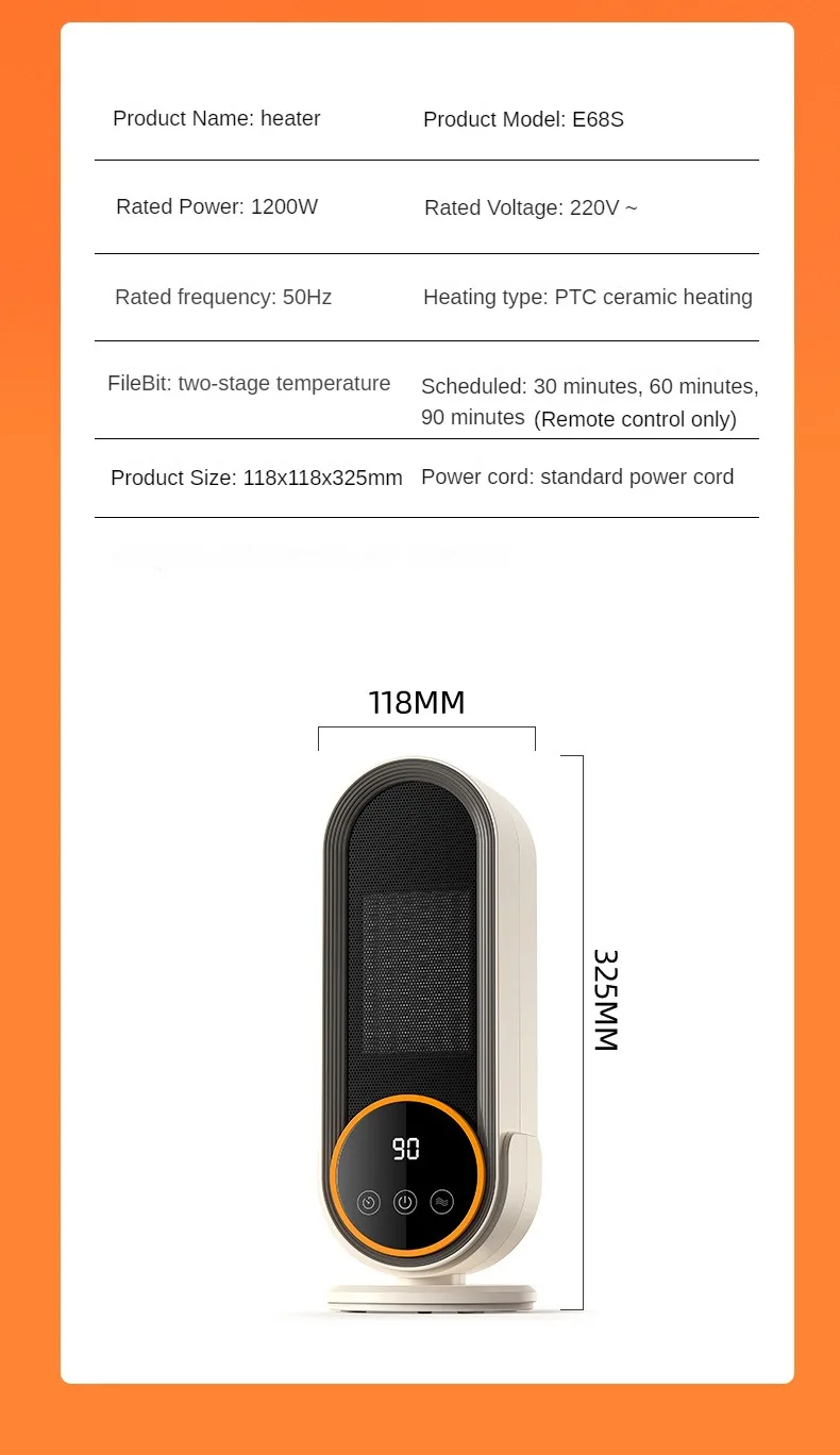 2024 Electric Heaters Fan 1200W PTC Ceramic Heat 2-Speed Mini Low-Noise Household Space Heaters Electric Heater