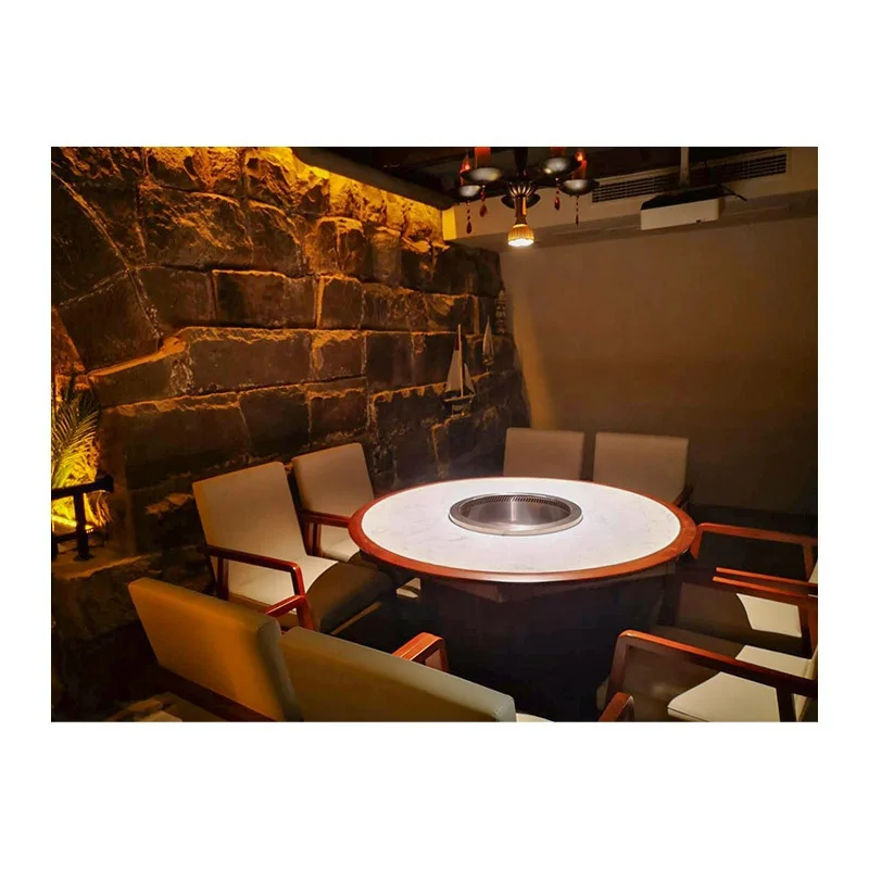 Hot Pot Table Restaurant Equipment Smokeless White Marble Wooden Edging Big Hotpot Table with  Customized Shape