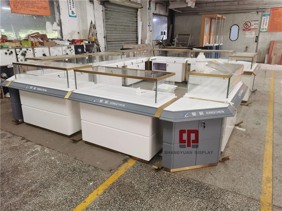 Customized wooden glass display cabinet gold jewelry kiosk paint showcase manufacturer jewelry display counter furniture