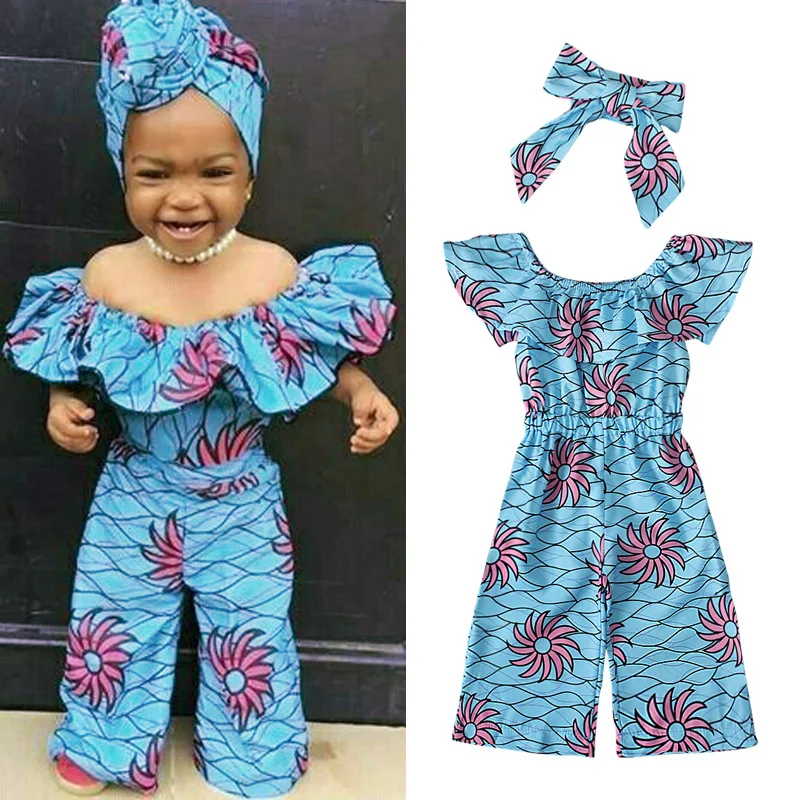 African summer lotus leaf strapless jumpsuit hair band 2pcs for baby