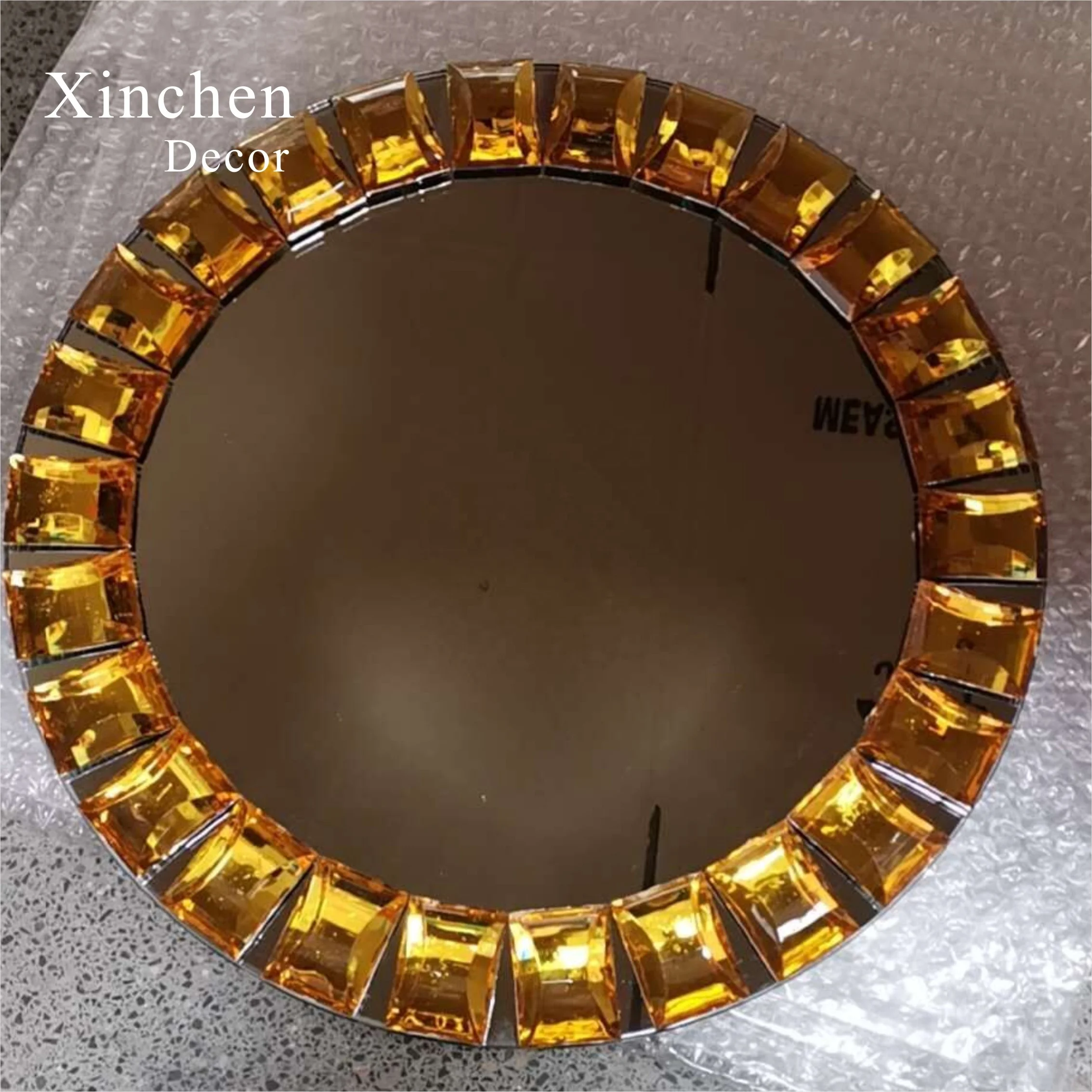 Best Selling Wedding Party 32 cm Round Gold Large Jeweled Crystal Glass Mirror  Charger Plates&Dishes