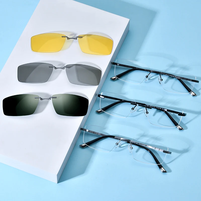 Borregls Pure Titanium Glasses Frame Men Rimless Magnet Clip Optical Eyeglasses With Polarized & Night Vision & 3D Lens 185761