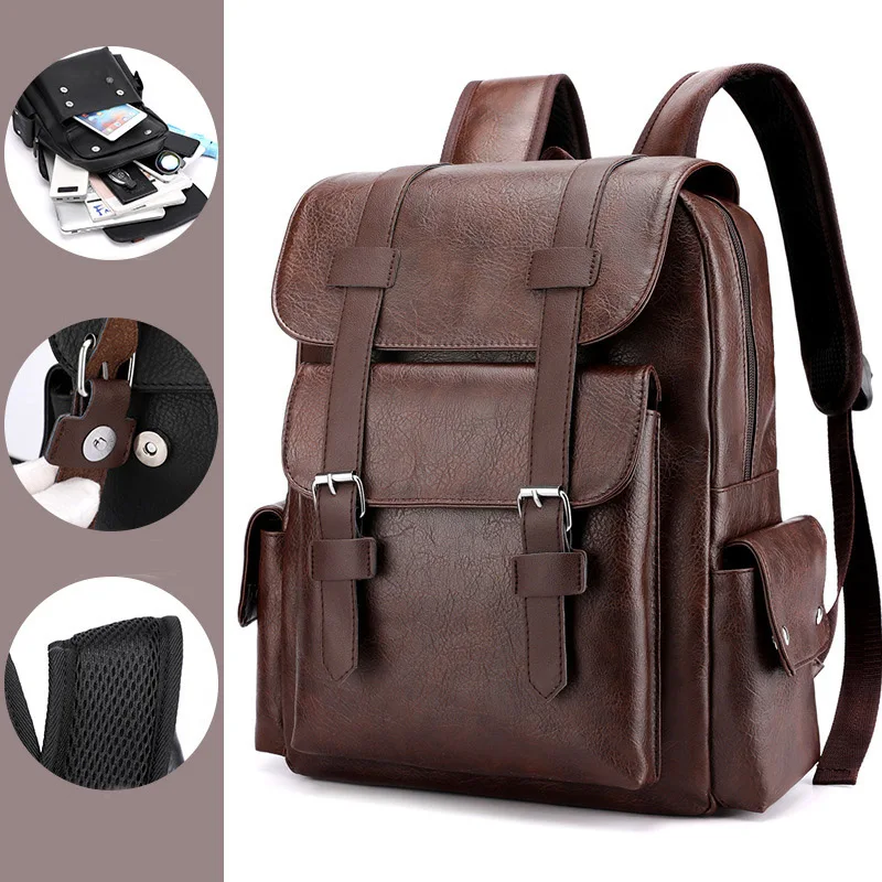 SC045 Unisex Waterproof PU Leather Backpack Purses Outdoor Travel Backpack Vintage Casual Shopping Backpacks For Men