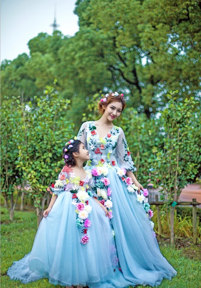 Flower fairy princess adult child dress long birthday  costume parent-child outfit royal blue princess wedding gown dress