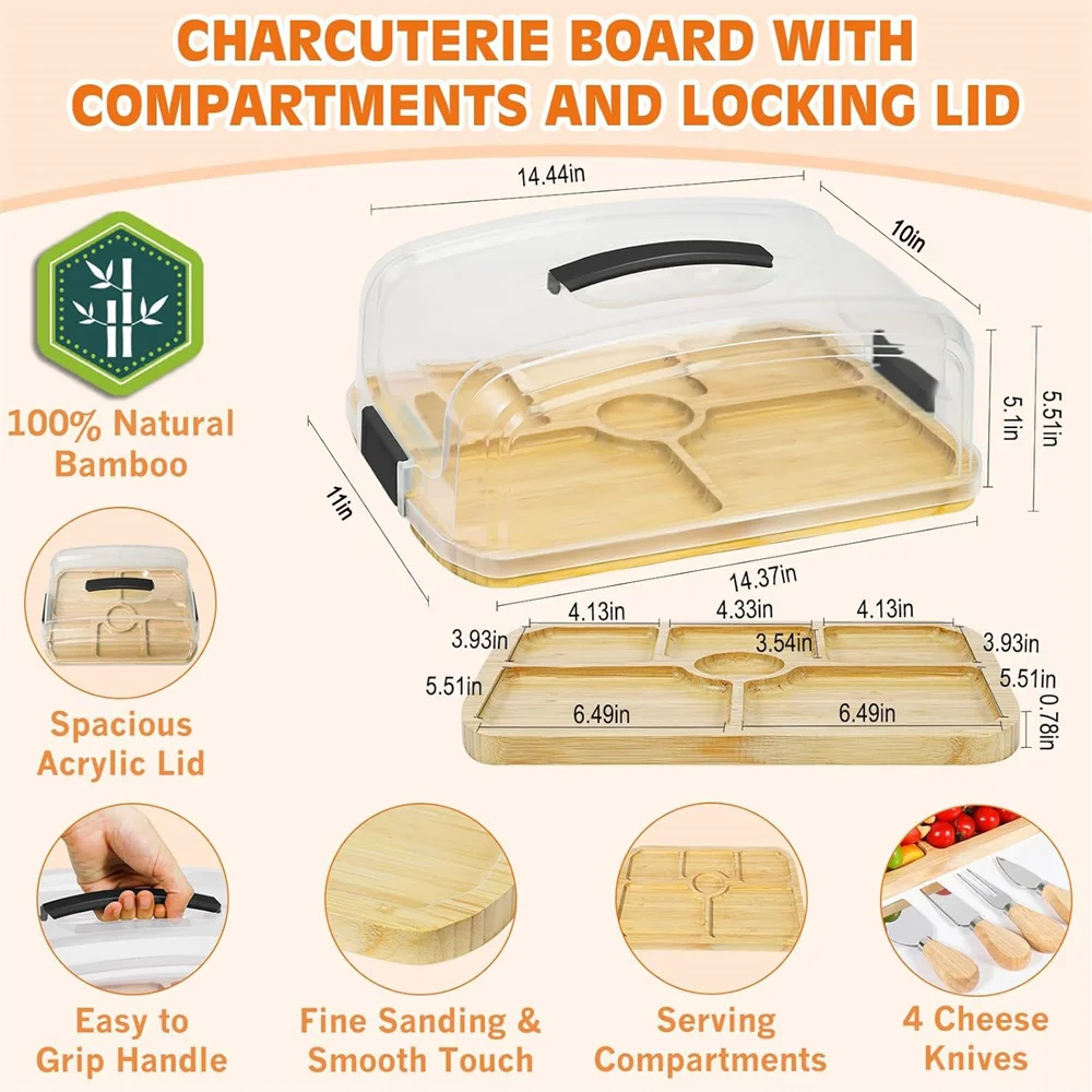 Custom Bamboo Charcuterie Board with 6 Built-in Compartments and Clear Locking Lid for Travel Picnic