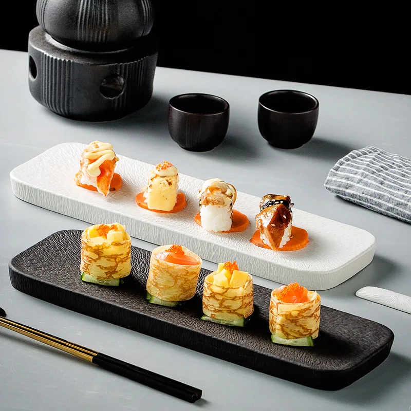 long rectangular shape sliced meat plate gold logo decal luxury blue color hotel porcelain ceramic dish for sushi sashimi