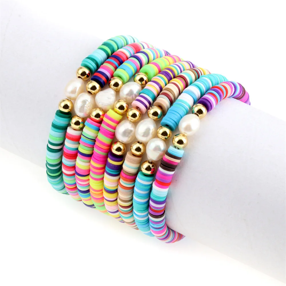 Fashion Beach Surfing Polymer Clay Rainbow Elastic Boho Quality Jewelry Beaded Woman Pearl Bracelet