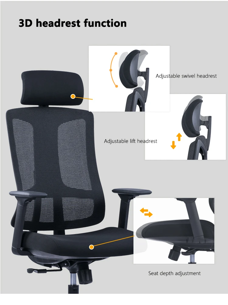 Adjustable Revolving Swivel Lift Executive Office Chair Ergonomic Mesh Fabric Lumbar Support Office Chair With Headrest