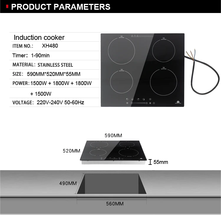 New Developed 590mm 2200W  8kW Induction Cooker Electric hob Four Zone Induction Stove Build-in