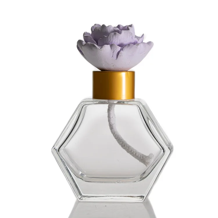 hexagon glass transparent bottle with manual reed diffuse flower factory direct sale